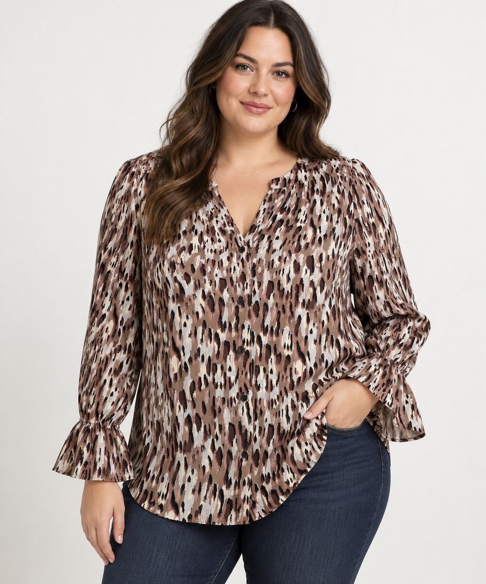 T Tahari Woman Blouse 1X Animal Print Brown Black Long Sleeve Button Front